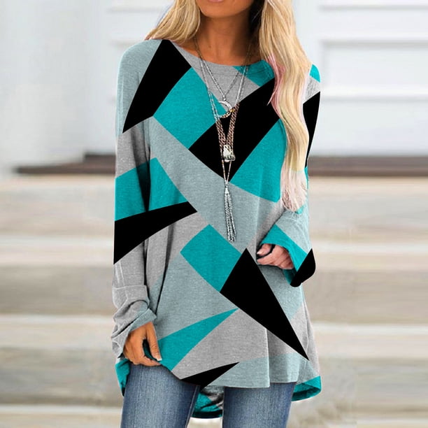ICHUANYI Liquidación Mujeres Moda Casual Socket Geometría Impreso Manga Larga Cuello Redondo Tops ICHUANYI WER202308250254
