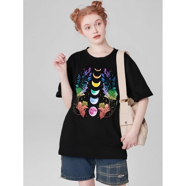 Camiseta de mujer verano Patrón de Corazón cuello redondoWomen's Fashion Moon Flower Tree Branch Print T-shirt, Simple Casual Round Neck Comfortable T-shirt, Women's Casual Sports Outdoor T-shirtFat