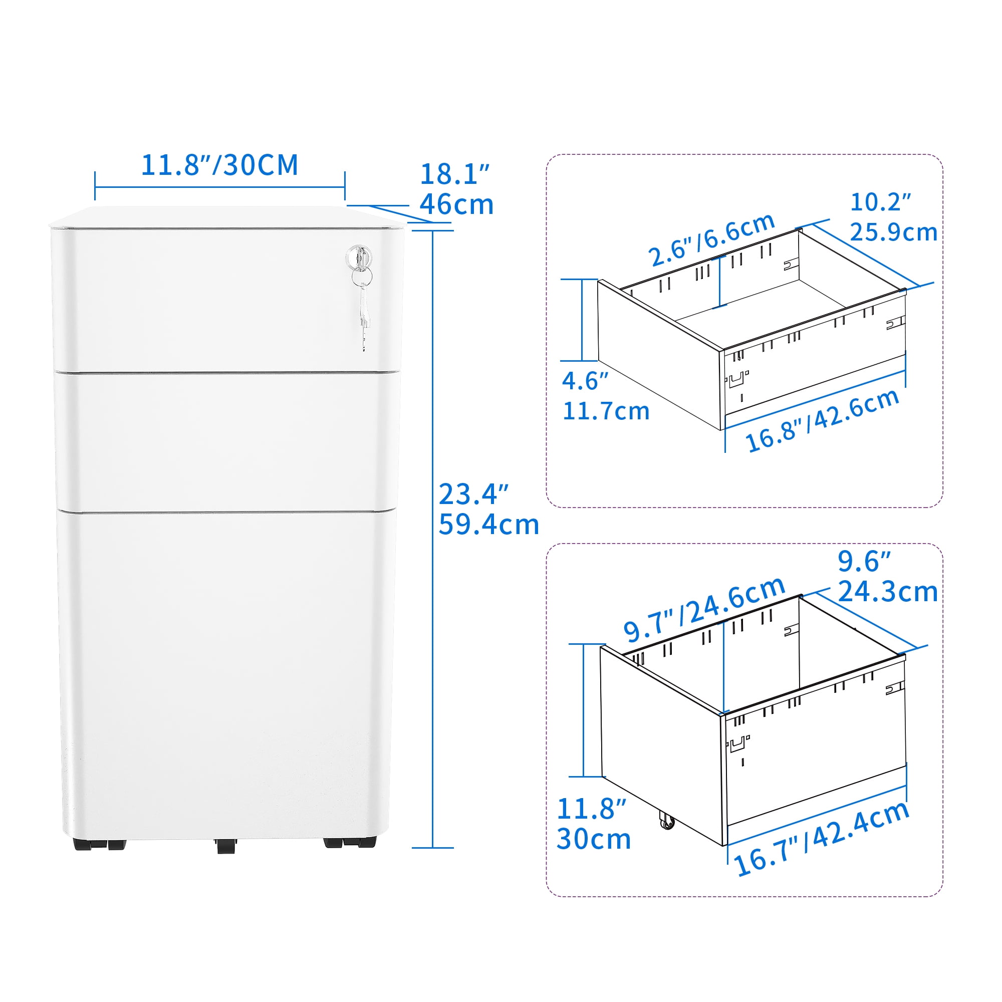 Dextrus 3-Compartment Secure Locking File Cabinet, Mobile Steel Office Document Storage, Suitable for Legal/Letter Sized Files, Pre-Built Cabinet for Under-Desk Placement, White
