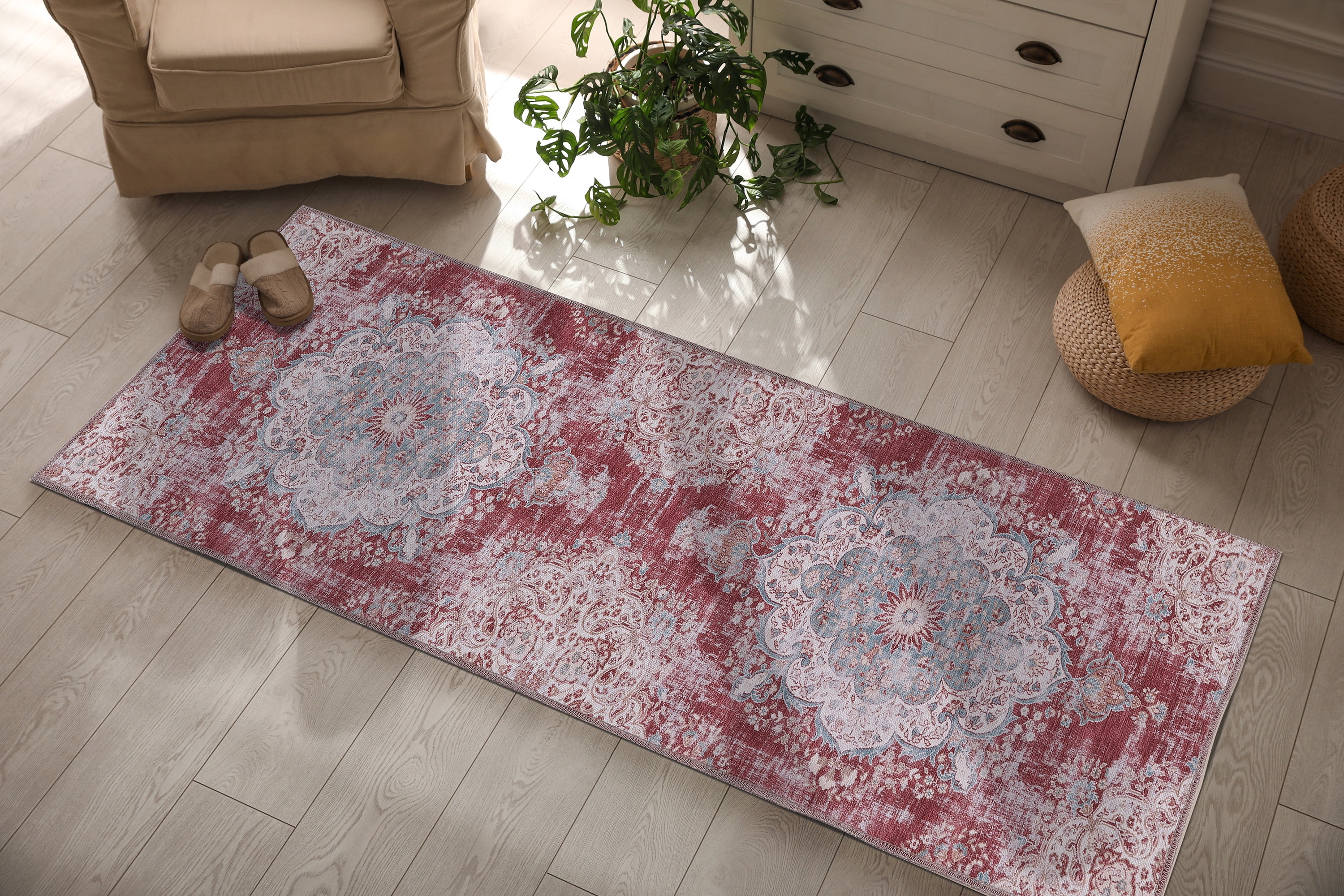 CAMILSON Machine Washable Rug Distressed Vintage Area Rugs Stain and Water Resistant Traditional Bohemian Indoor Carpet (2x6 Rust Red)