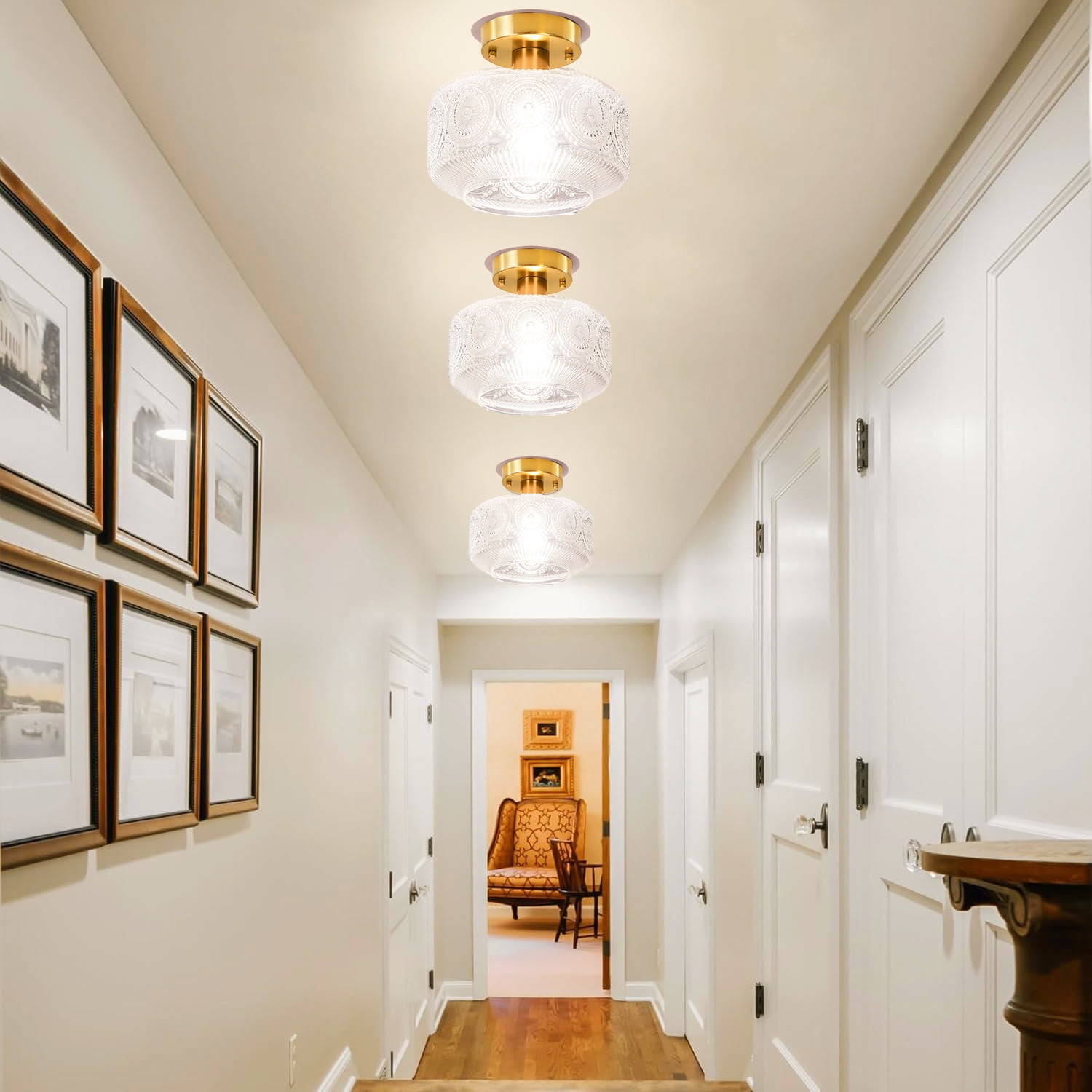 Semi Flush Mount Ceiling Light Fixture,Glass Ceiling Light,Gold Light Fixture Ceiling Mount,Vintage Ceiling Light for Hallway Bedroom Kitchen Entryway Living Room
