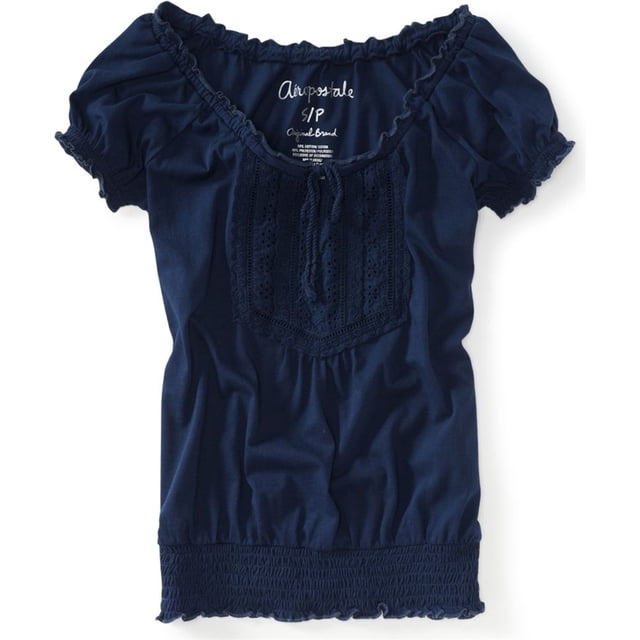 Aeropostale Blusa campesina con ojales sólidos para mujer, azul, grande