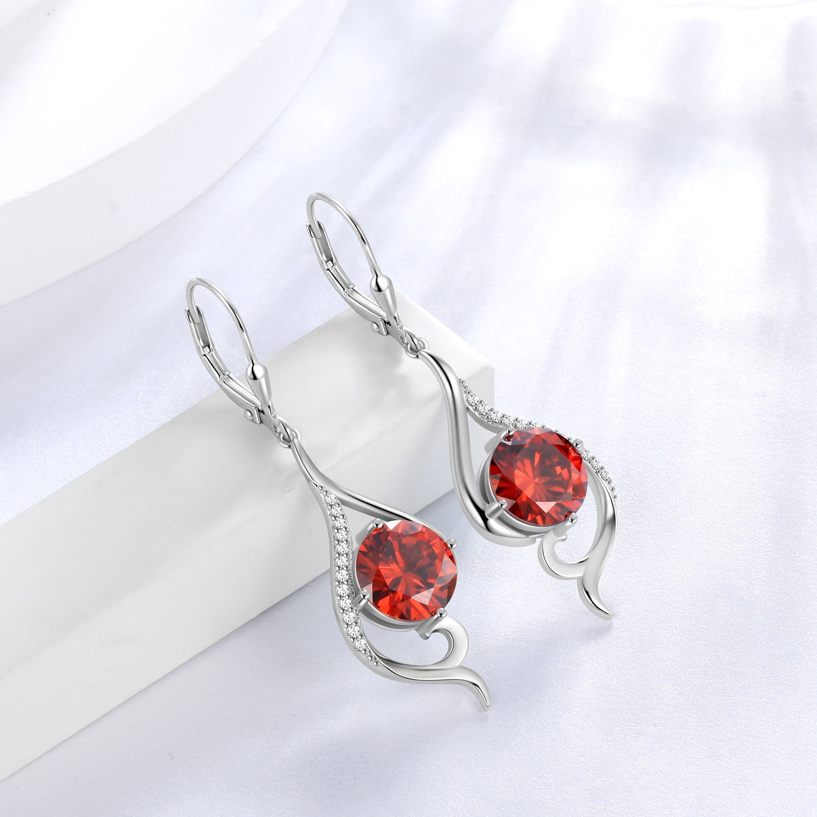 Juwaliy Women Dangle Earrings January Birthstone Earrings Garnet Red Hanging 925 Sterling Silver Leverback Tail Jewelry Mother Wife Xmas Birthday Valentines Gift for Her
