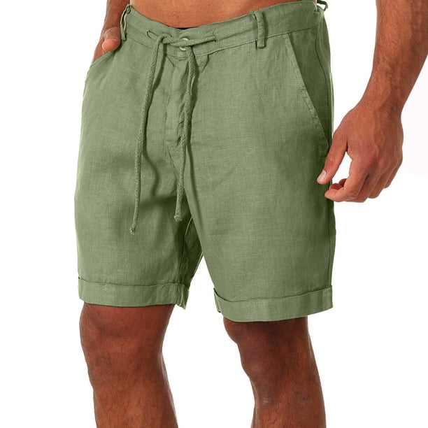 Pantalones de Lino de los Hombres Pantalones Cortos de Playa Ligeros Color Sólido, Cordón Frontal Plano Recto