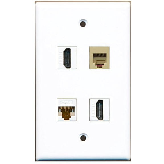 RiteAV - 2 Port HDMI 1 Port Phone RJ11 RJ12 Beige 1 Port Cat6 Ethernet White Wall Plate