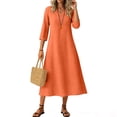 thumbnail image 2 of Wyobmus Summer Casual Dresses for Women 3/4 Sleeve Linen Midi Dress Flowy Solid Color Round Neck T-Shirt Dress Orange, 2 of 9