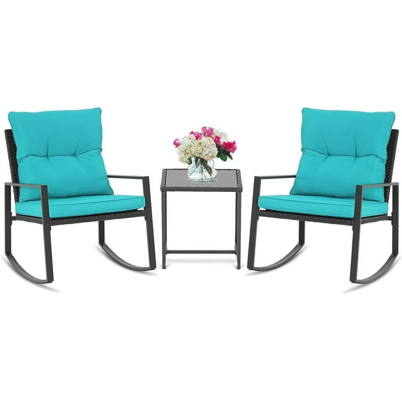 SUNCROWN 3 Pieces Outdoor Rocking Chair Set Patio Wicker Rattan Bistro Set Conversation Furniture with Cushions and Glass Coffee Table(Light Blue)