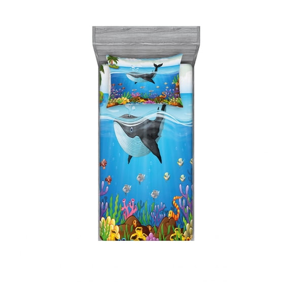 Ambesonne Animal Fitted Sheet & Pillow Sham Set, Whale in Ocean Planet, Twin, Dark Blue Orange