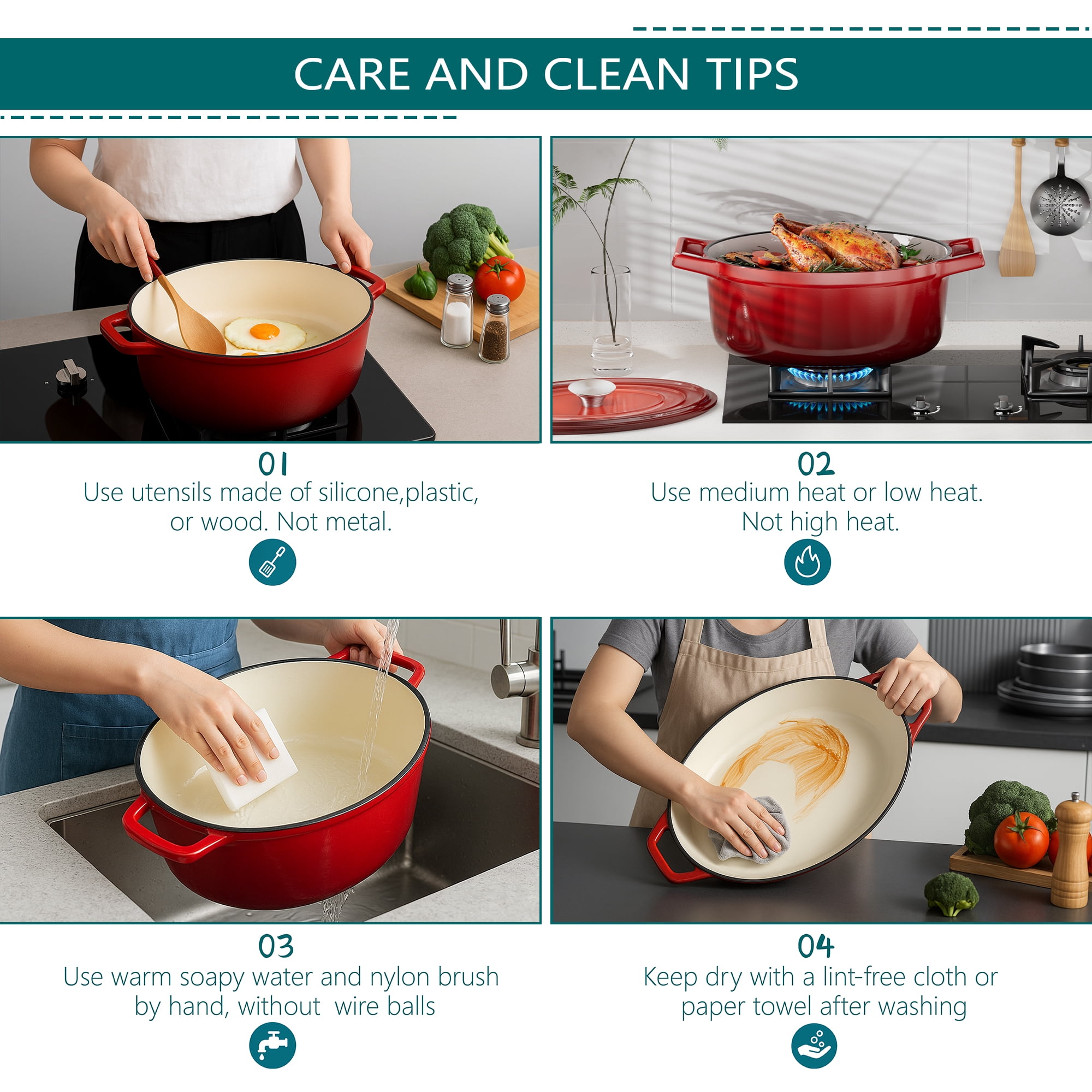 Ollieroo Dutch Oven, 4.5 Quart Cast Iron Dutch Oven, Enamelled Dutch Oven Pot with Lid, Dutch Oven for Bread Baking, Oval Dutch Oven for Baking,Roasting,Stewing,Grilling,Frying. Red
