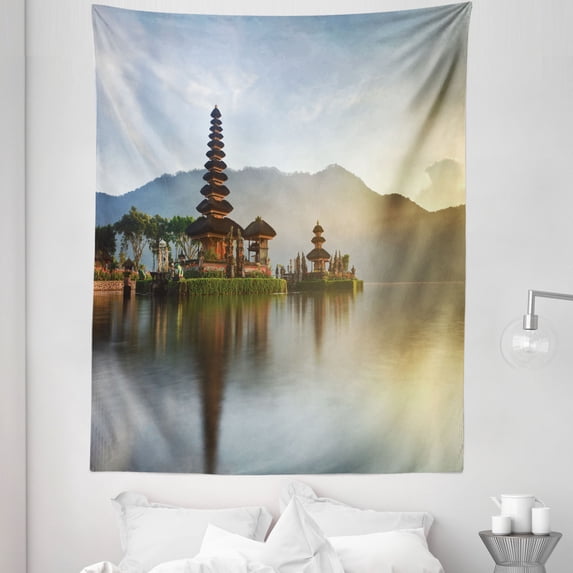 East Tapestry, Pura Ulun Danu Building Panorama Sunrise on Lake Bratan Bali Indonesia Waterscape, Fabric Wall Hanging Decor for Bedroom Living Room Dorm, 5 Sizes, Beige Brown, by Ambesonne