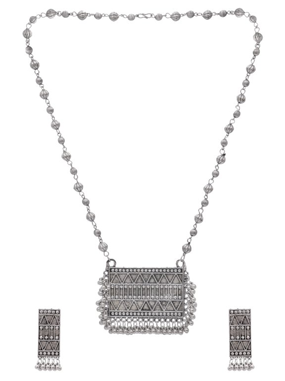 Oxidised Silver Square Long Necklace Set