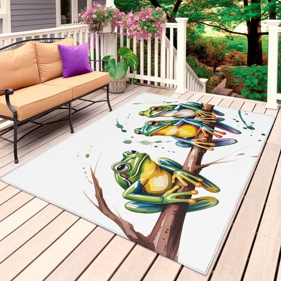 Watercolor Frog Outdoor Rug 3x5 Ft, Non Slip Washable Area Rug, Spring Summer Tropical Animals Rustic Patio Rugs Carpet Runner, Large Floor Mat for Indoor/Outdoor Deck Porch Camping