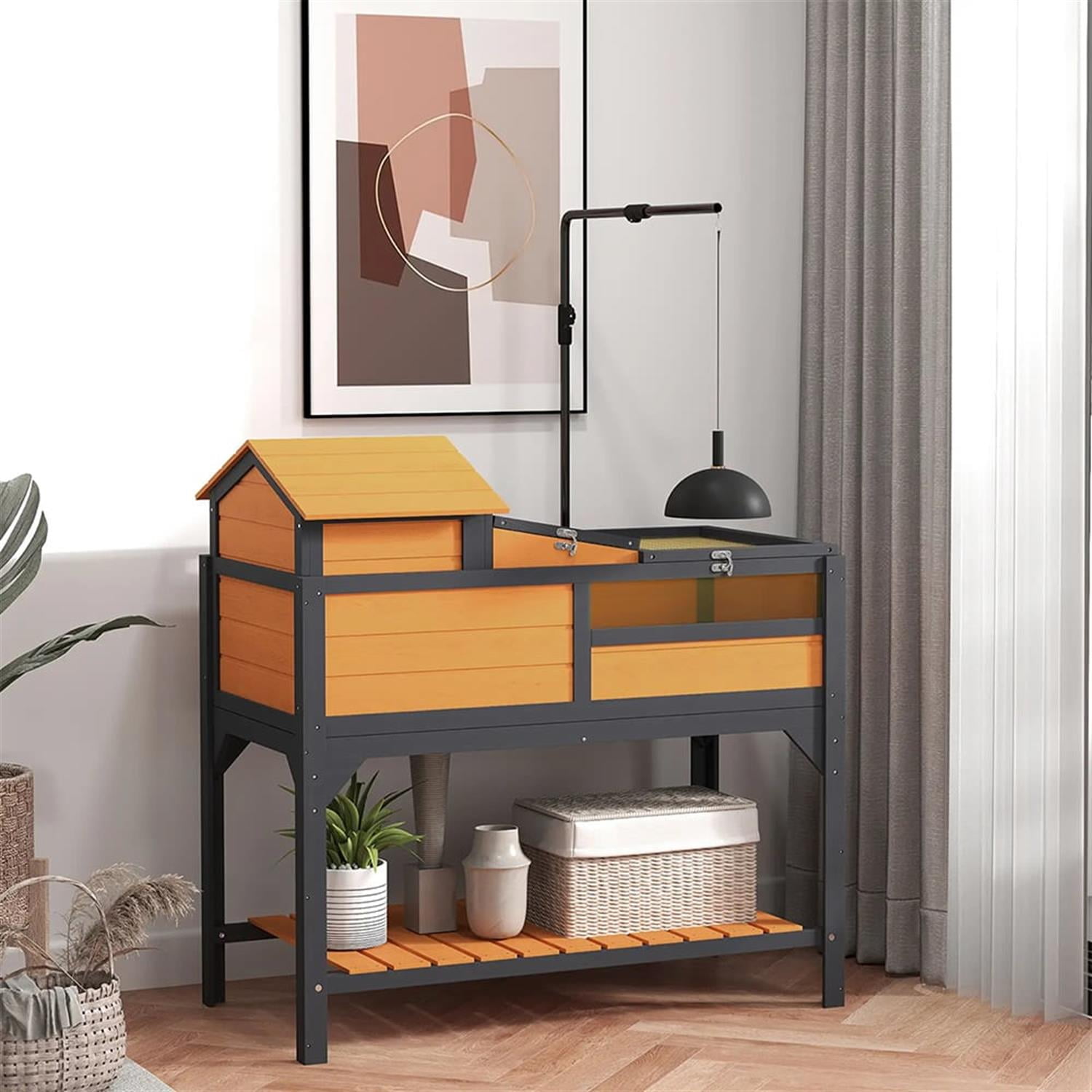 Demi Bonn 40" Wooden Tortoise House with Adjustable Lamp Holder, Shelf Storage, Reptile Cage Enclosure for Turtles, Lizards, Snakes, Small Animal Habitats, Yellow