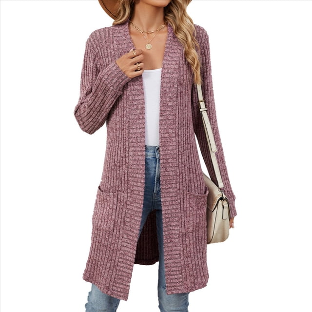 Cárdigan de Punto Suave y Ligero para Mujer, de Otoño, con Mangas Largas, Abierto y Bolsillos. Rojo Púrpura S