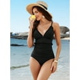 thumbnail image 4 of Womens Ribbed V Neck One Piece Bath Suit Tummy Control Monkini Swimwear Spaghetti Straps Swimsuit, 4 of 7