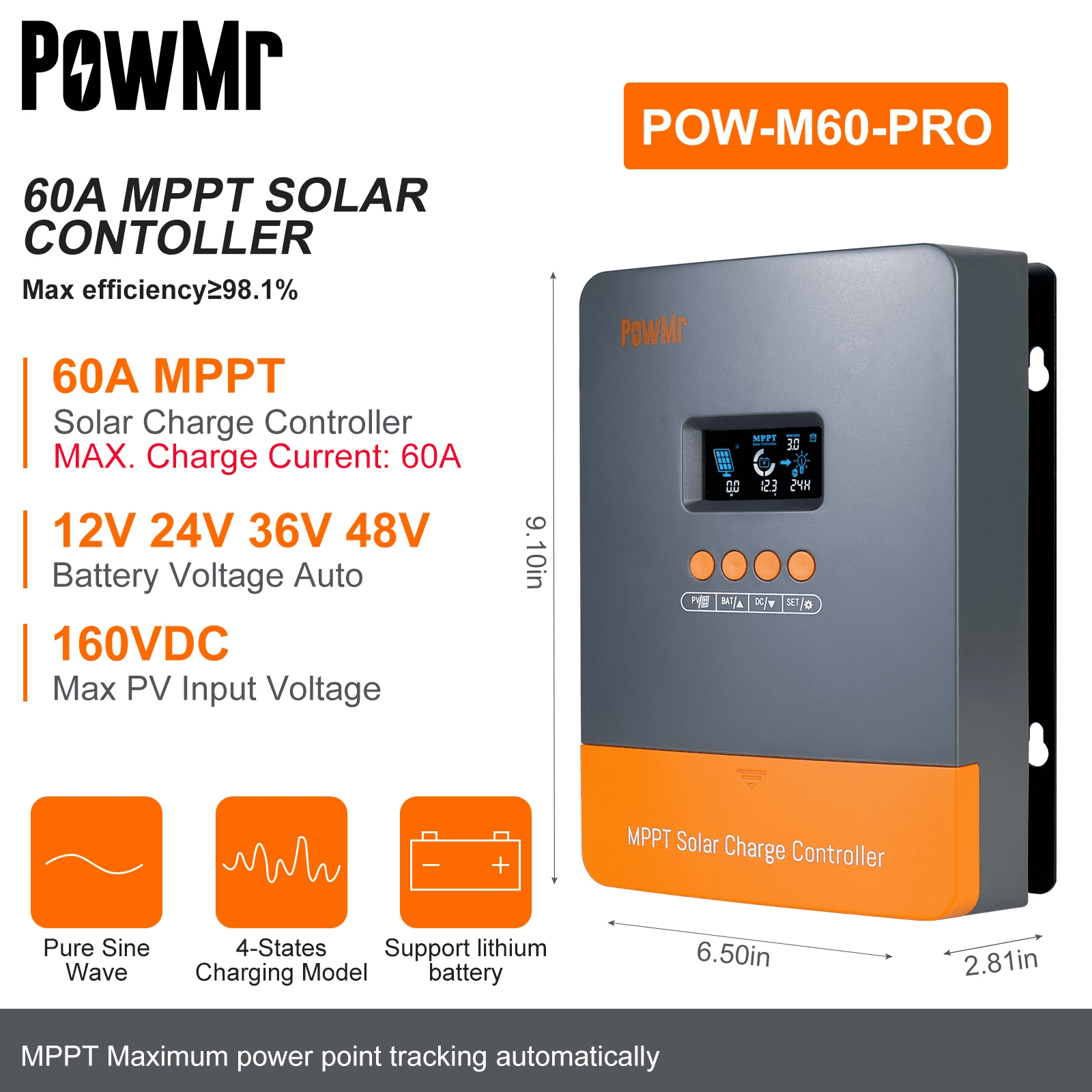 PowMr 60AMP MPPT Solar Charge Controller 12V 24V 36V 48V Auto MAX 160V 2880W LCD
