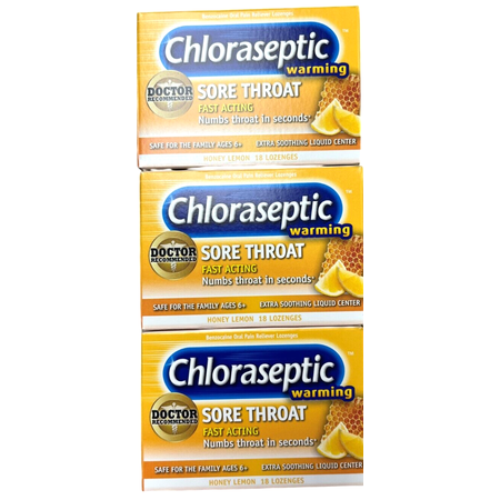 Chloraseptic Sore Throat Warming Lozenges Honey Lemon 18 Each (Pack of 3)