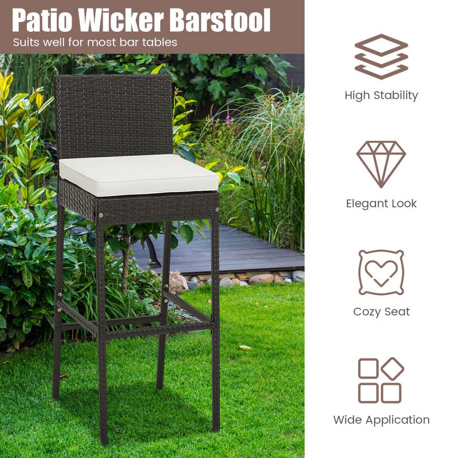 Aimee Lii 2 Pieces Patio Cushioned Wicker Barstools with Cozy Footrest-Set of 2, Outdoor Patio Furniture