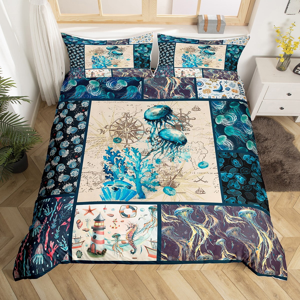 YST Teal Jellyfish Duvet Cover, Nautical Sea Animal Bedding Set Queen
