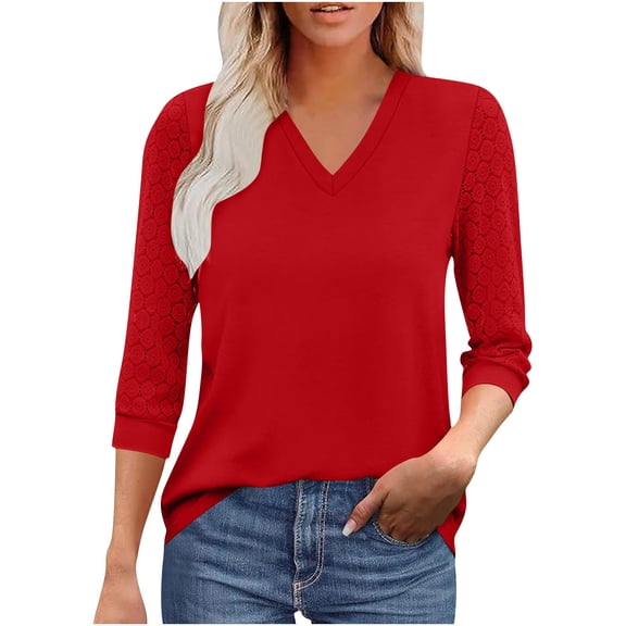 biudgviw 3/4 Length Sleeve Womens Tops Lightweight V Neck Lace Shirt Dressy Casual Fall Blouses Going Out Outfits