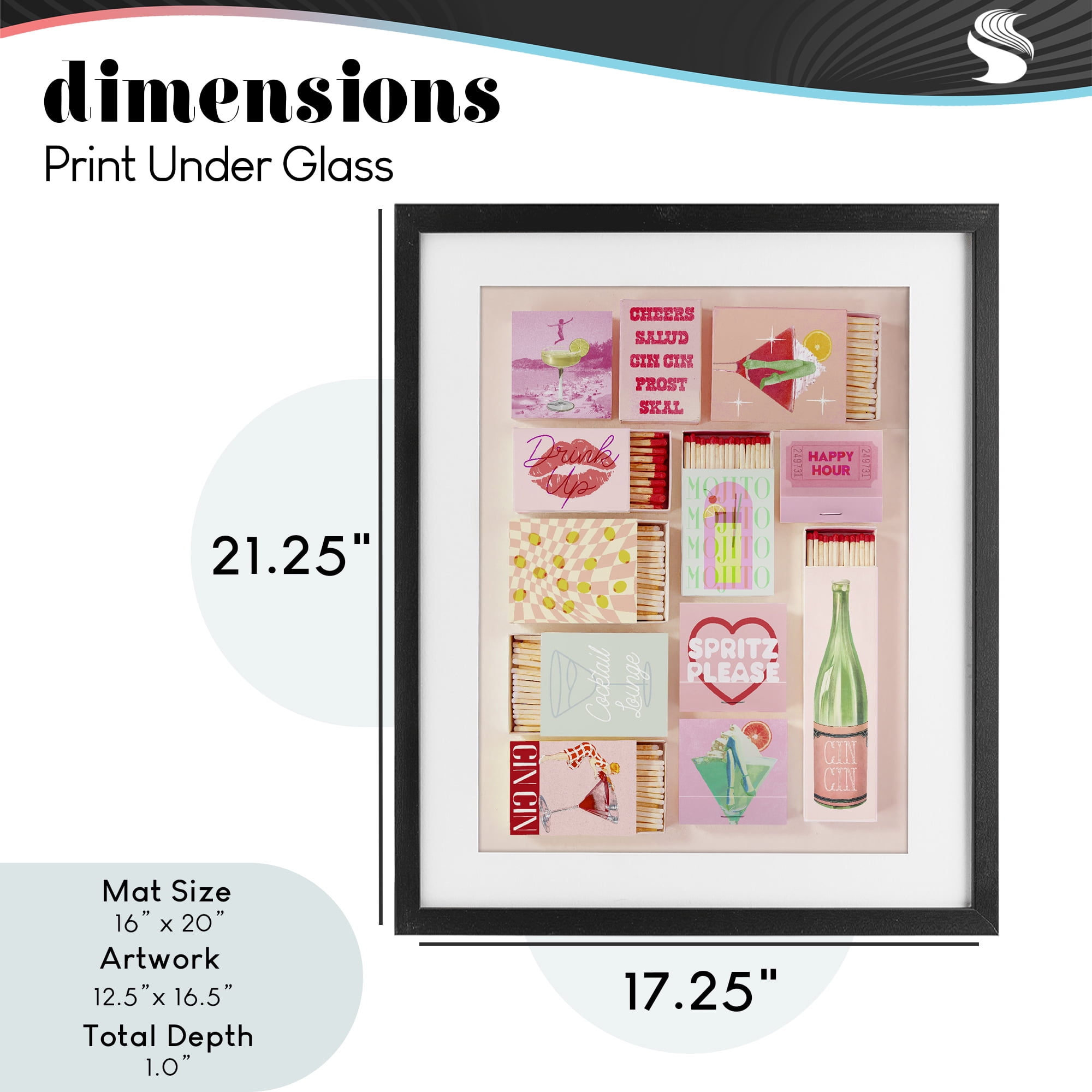 Glam Cocktails Retro Matches Black Framed Print Under Glass, design by Lil' Rue