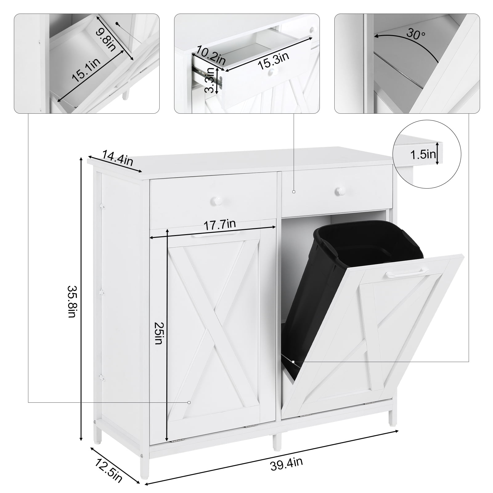 LAZY BUDDY Double Tilt-out Trash Cabinet Free Standing Kitchen Garbage Bin Recycling Cabinet Wooden Hideaway Trash Cans Holder (2x 10 Gallon)- White