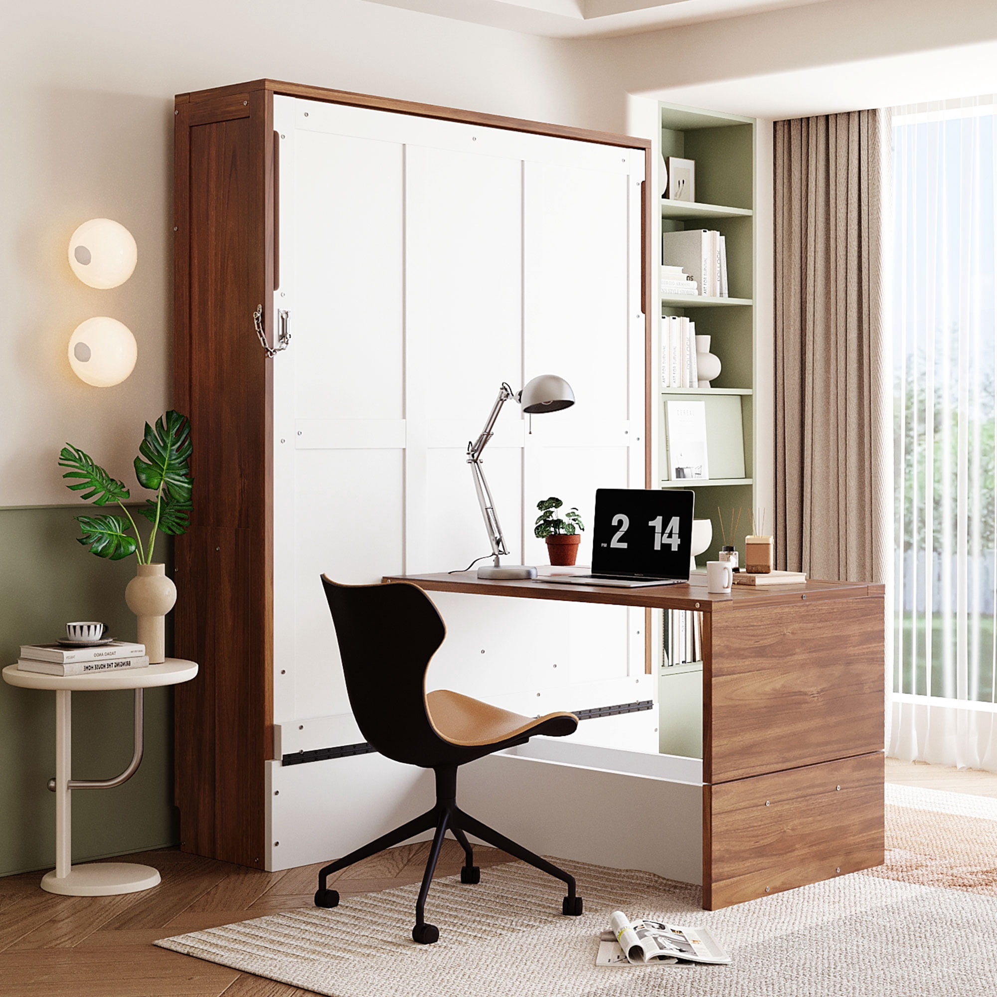 Mintazer Full Murphy Bed with Foldable Computer Desk, Convertible Wall Platform Bed for Bedroom Home Offices, Walnut & White
