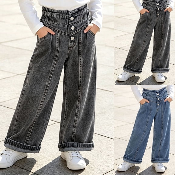 Bixock Jeans for Girls High Waist Straight Leg Denim Pants Kids Wide Leg Elastic Waist Solid Color Stretch Loose Fall Winter Casual Outer Wear Size 3-4Years