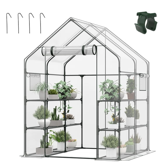 OMOCCUIT Walk in Greenhouse with Screen Windows & Roll-Up Zipper Door, 56 x 56 x 77'' Plant Green Houses for Outdoors, 3 Tiers 12 Shelves Stands Plastic Portable Small Indoors Warm