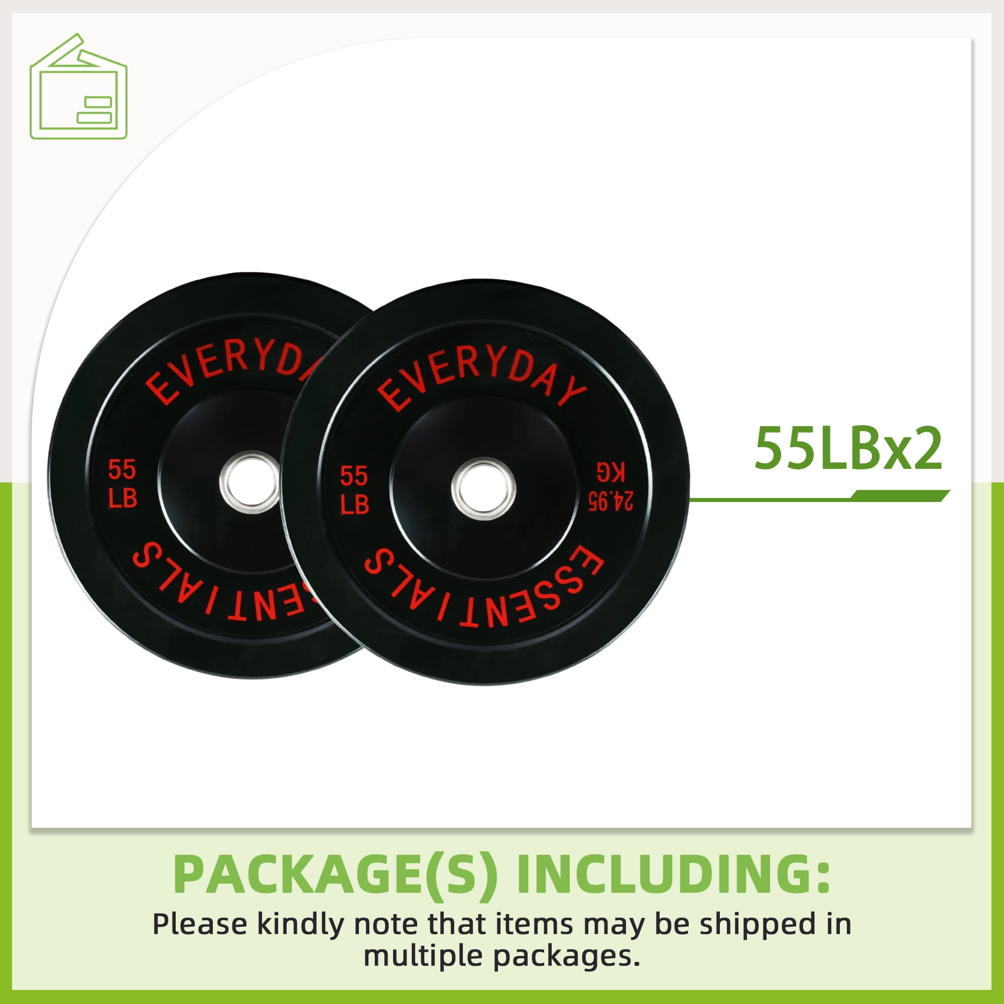 FlexWave 55LB Olympic Bumper Plates Pair, 2-Inch Black Rubber Weight Plates with Steel Hub, for Strength Training & Home Gym