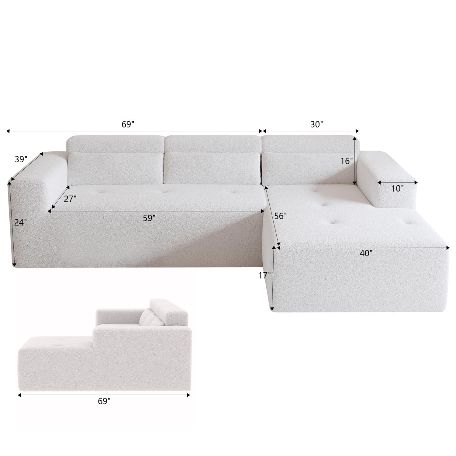 Demi Bonn 109" Modern Modular Sectional Sofa, Cozy Teddy Fabric L Shaped Couch with Chaise, 3-Seater Corner Sofa with Pillows for Apartments, White