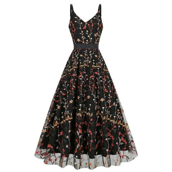 Women Sleeveless Cocktail Dresses 2023 Floral Embroidery Dress Sheer Mesh Party Evening Gown Vintage Swing Dress Wedding Guest Prom Tulle A-Line Dress