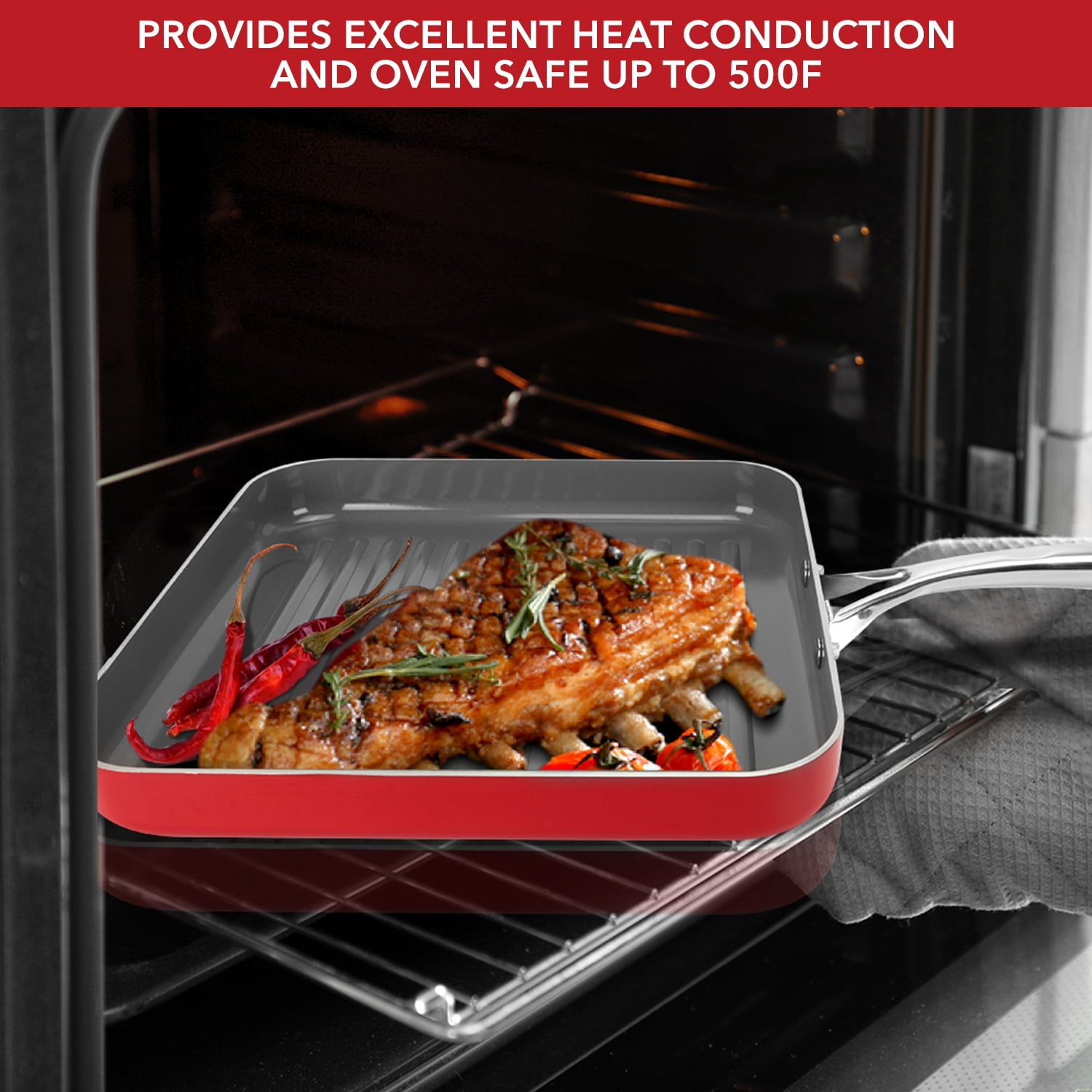 EaZy MealZ Non-Stick Square Grill Pan, Large, Sear Ridges, Metal Utensil  Safe, 10.5 