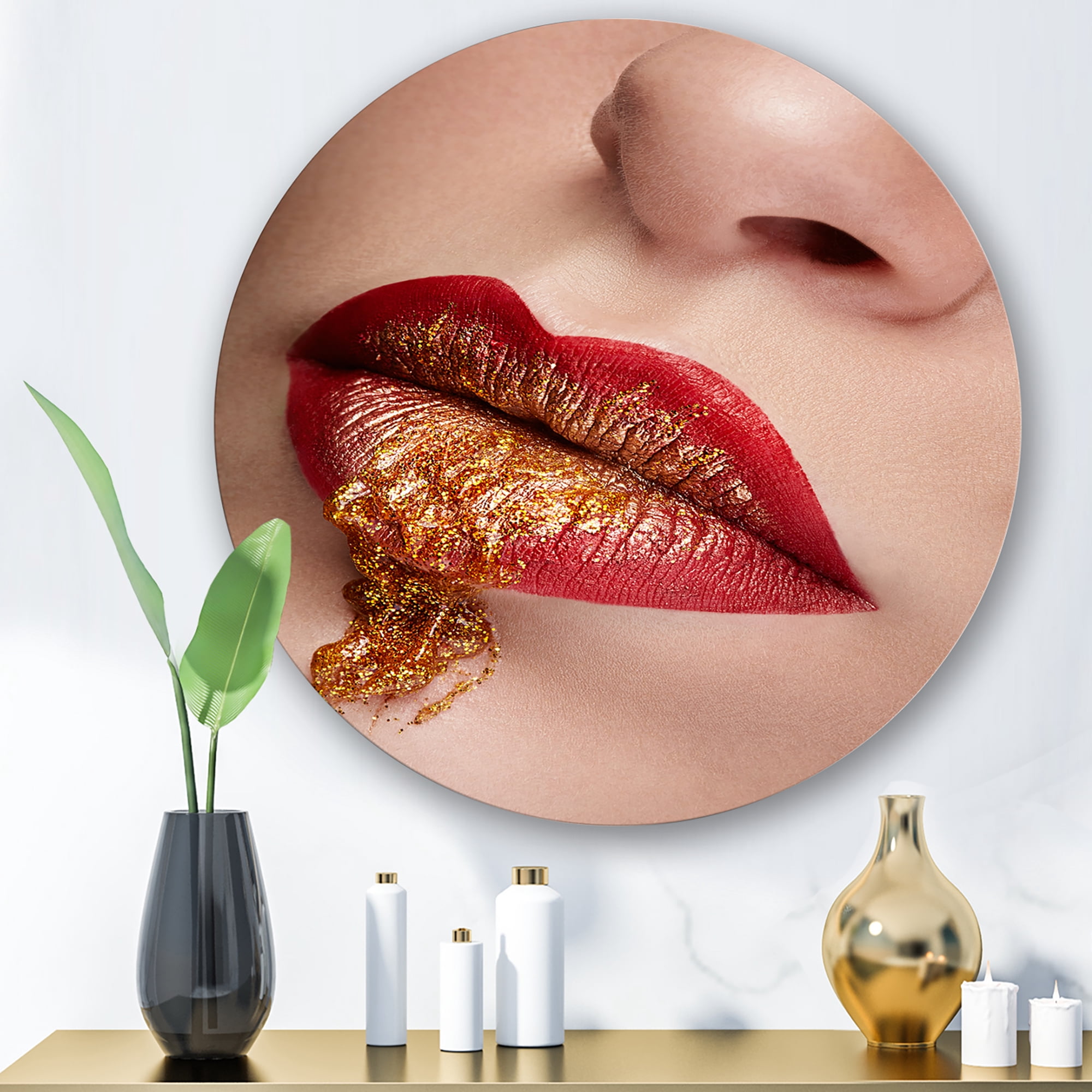 Designart 'Close Up Lips With Gold and Red Make Up' Modern Circle Metal Wall Art 23x23 - Disc of 23