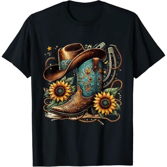 Western Cowboy Boot Horseshoe Sunflower Rope Cowgirl Boot T-Shirt tee