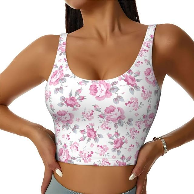 Fotbe Rose Flowers Sujetador Deportivo Largo sin Aros para Mujer con Almohadillas y Soporte Medio, Transpirable y Absorbente, Camiseta Tipo Chaleco o Tank Top-Small