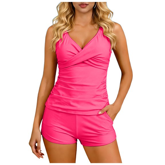 PFWOWB Womens Ruched Top Tankini Swimsuit with Shorts Two Piece Tummy Control Swimwear