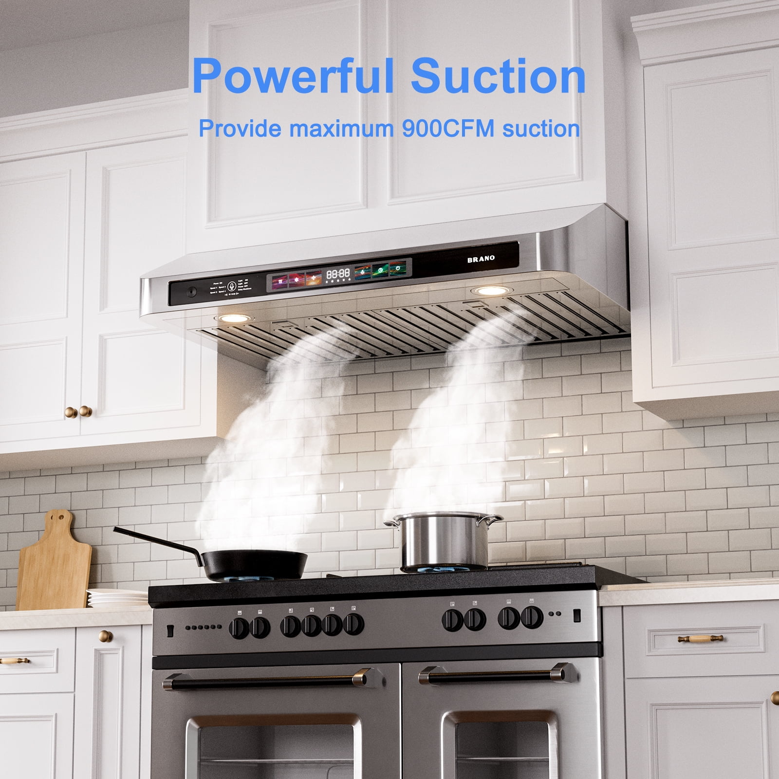 BRANO 36 Inch Under Cabinet Range Hood with Voice/Gesture/Touch Control, 900 CFM Kitchen Vent Hood with 4-Speed Exhaust Fan