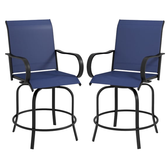 Set of 2 Swivel Bar Stools with Armrests, 360° Patio Bar Height Chairs for Outdoor Dining, Navy Blue Steel Frame Mesh Fabric, 26.75x29.5x48.5 inches