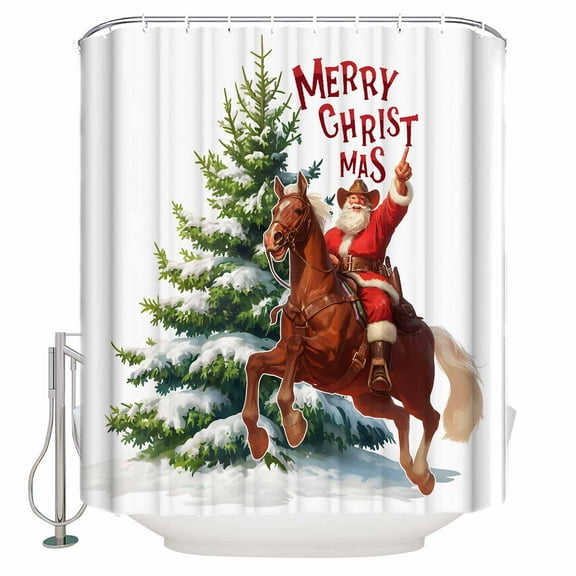 Merry Christmas Shower Curtain, 72" x 72", Cowboy Santa Claus Horse Xmas Tree Waterproof Bathroom Curtain Washable Shower Curtain Set with 12 Hooks