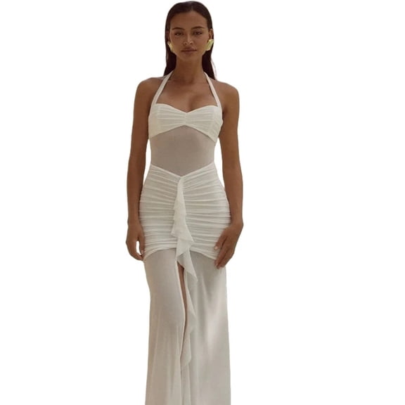 Women's Lace-Up Halter Chest Wrapped Sleeveless Ruffled Dress, Pleated, Backless, Gauze Spliced, Solid Color, Sexy