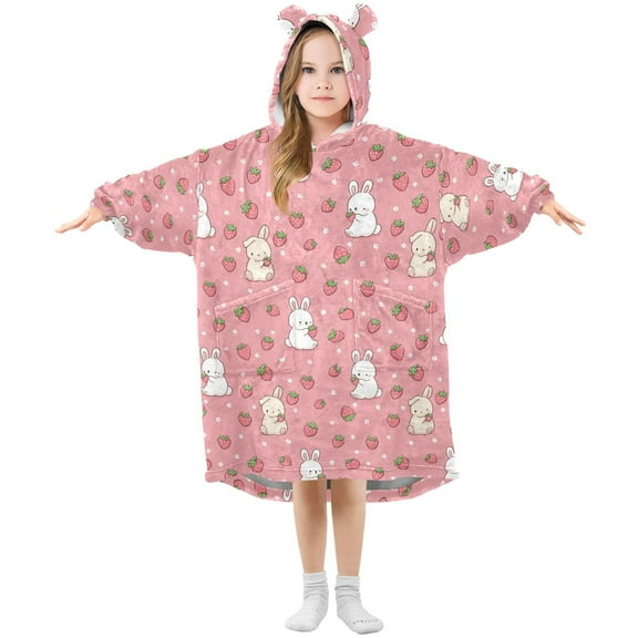 Wearable Blanket Hoodie for Kids Rabbit Strawberry Pattern Flannel Hooded Blanket with Pockets and Sleeves Suitable for Boys and Girls