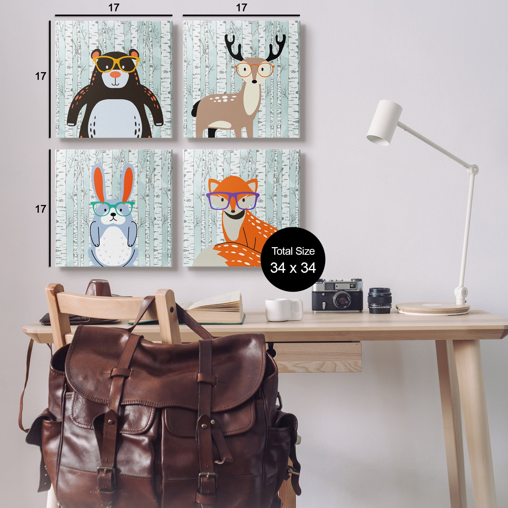 Stupell Industries Woodland Animals in Glasses Animals & Insects Painting Gallery Wrapped Canvas Art Print Wall Art, 17 x 17, Set of 4