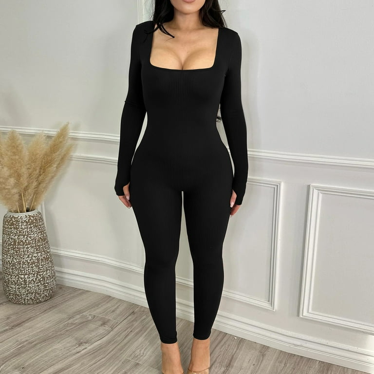 Womens Sexy Square Neck Long Sleeve Full Length Leggings Bodycon Stretch Jumpsuit