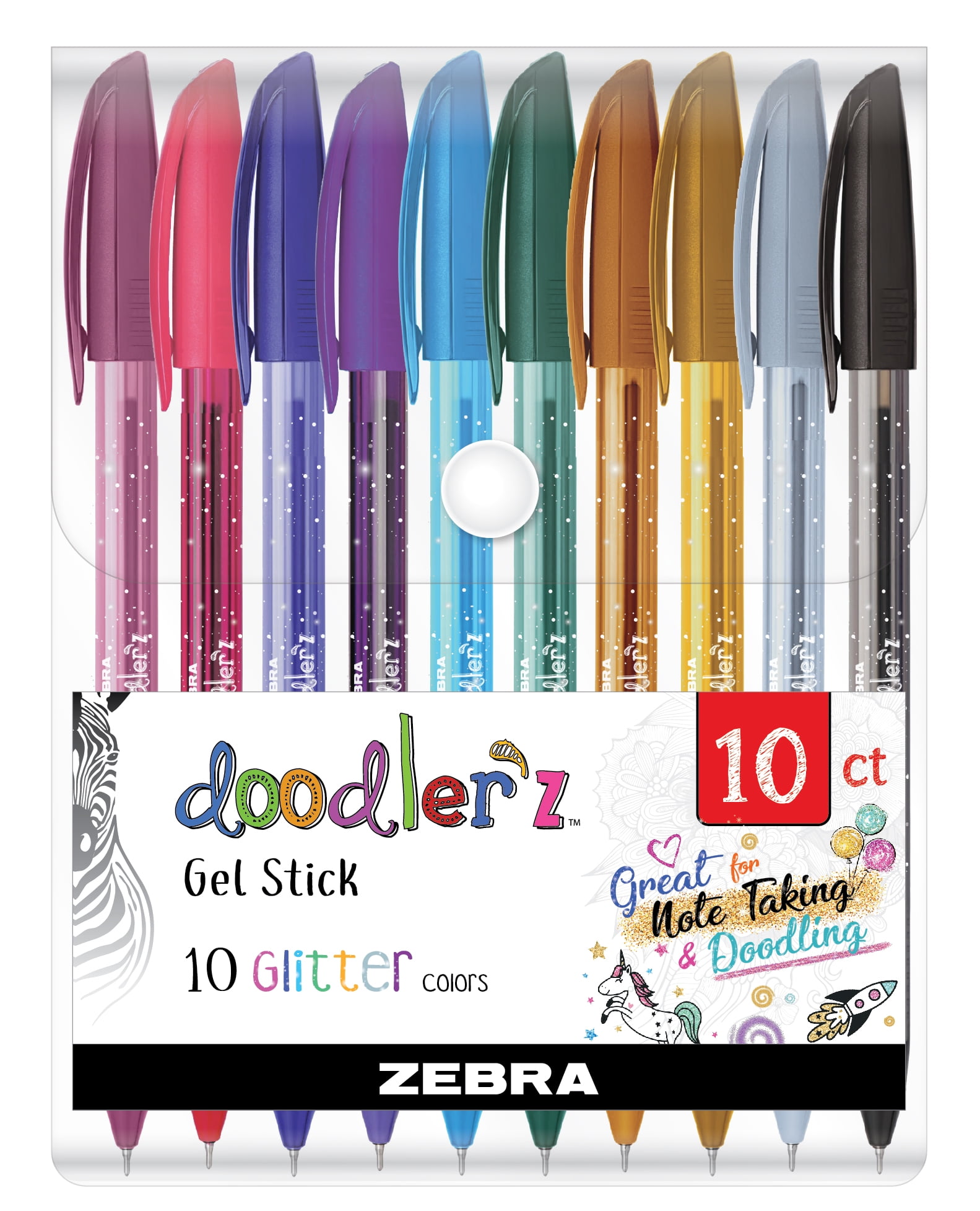 Zebra Pen Doodler'z Gel Stick Pen, Bold Point, 1.0mm, Assorted Glitter Colors, 10-Count