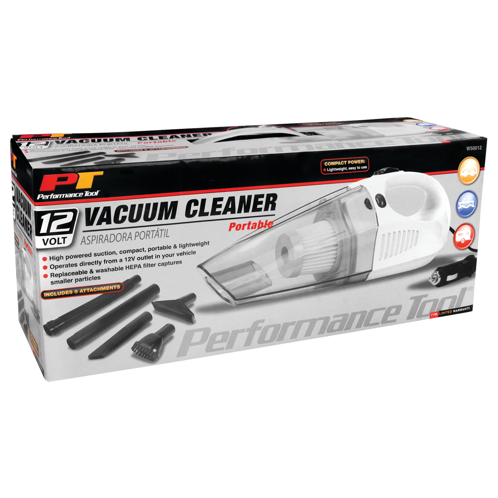 Performance Tool W50012 Portable Lightweight 12-Volt Vacuum Cleaner With Attachments