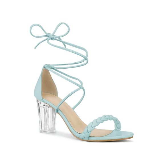 BLISSFUL STEP Women's Woven Braided Heel Lace Up Clear Block Heel Sandals Sky Blue (Size 7)