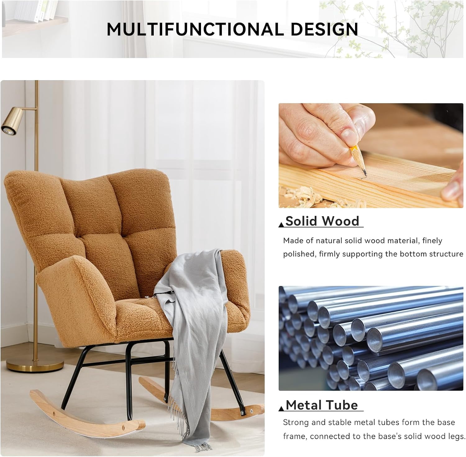 Rocking Chair Nursery Teddy Upholstered Glider Rocker High Backrest Nursery Rocker Comfortable Armchair