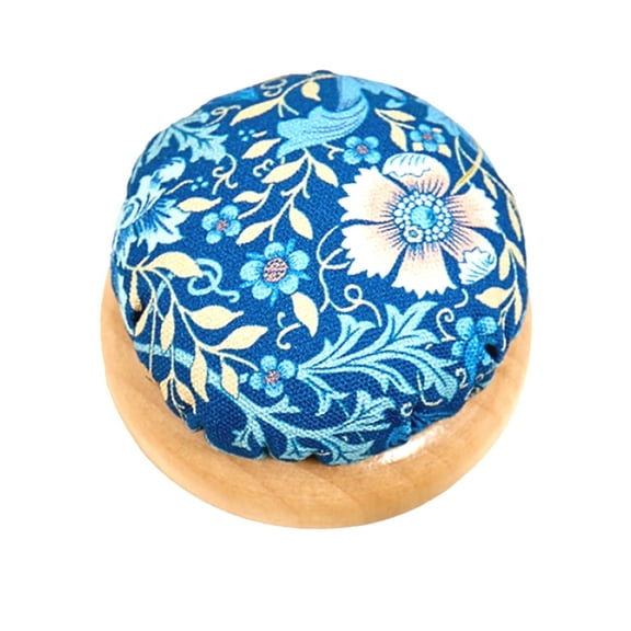 Blue Floral Woodblock Fabric Pincushion with Wood Base
