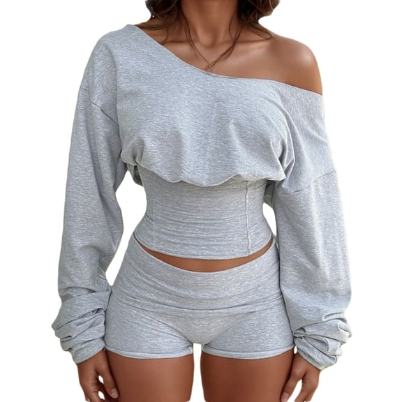 IWRICH Women's Two Piece Sets off the Shoulder Tunic Cropped Sweatshirt Fold over Skinny Shorts Sporty Casual Outfits Grey S